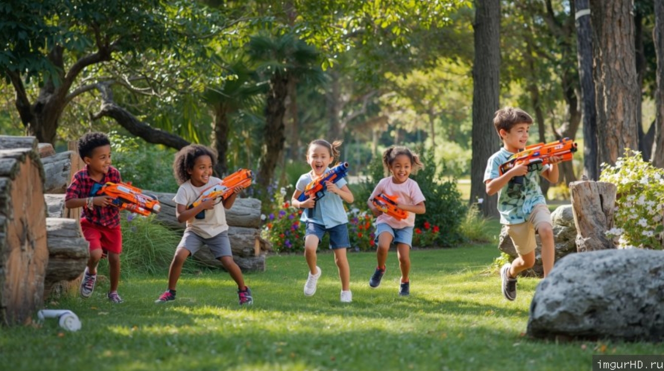 дети играют с nerf бластерами на улице
