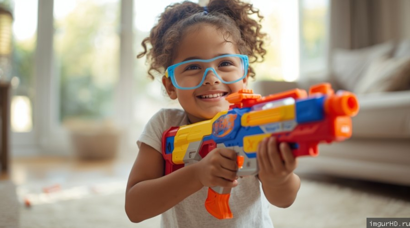 девочка играет с nerf бластером