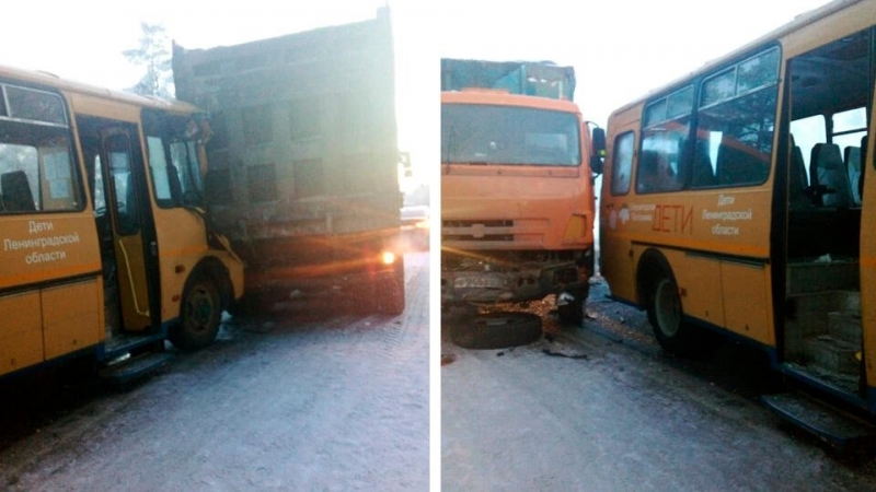 Школьный автобус и мусоровоз столкнулись в Ленобласти